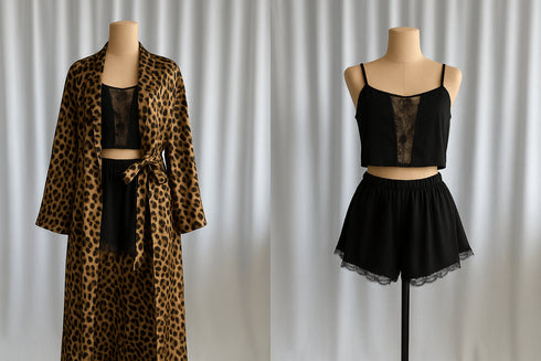 (30%) OFF - Leopard Robe with Black Lace Cami & Shorts Set