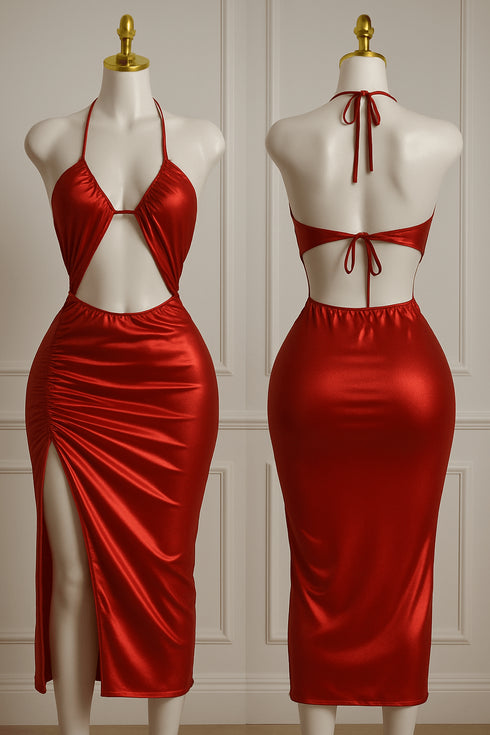 (30%) OFF - Silk Halter Cut-Out Bodycon Midi Dress with Side Slit
