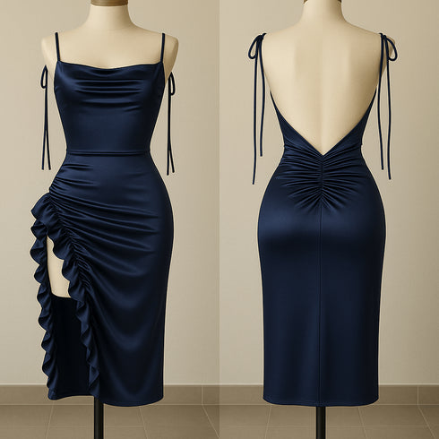 (30%) OFF - Silk Ruched Midi Dress with Side Ruffle & Deep Back