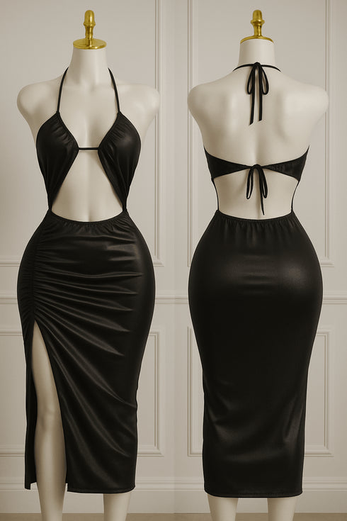 (30%) OFF - Silk Halter Cut-Out Bodycon Midi Dress with Side Slit