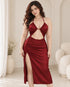 Silk Halter Cut-Out Bodycon Midi Dress with Side Slit