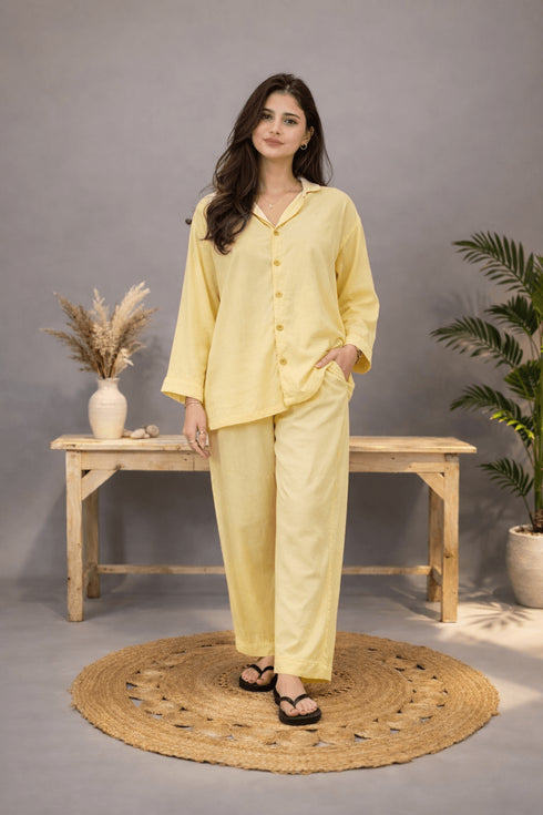 YELLOW SOLID LINEN PJS.