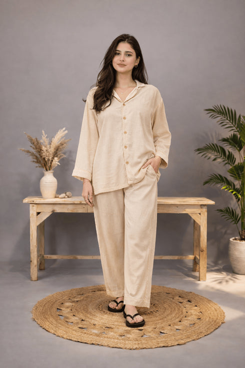 BEIGE SOLID LINEN PJS.