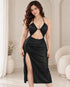 Silk Halter Cut-Out Bodycon Midi Dress with Side Slit