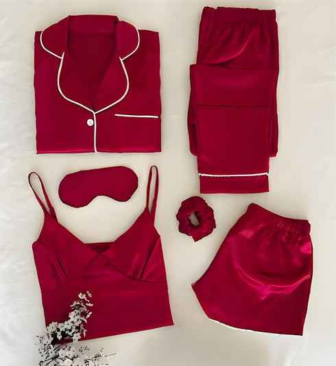 Blush Whisper – 6-Piece Luxury Silk Sleepwear Ensemble