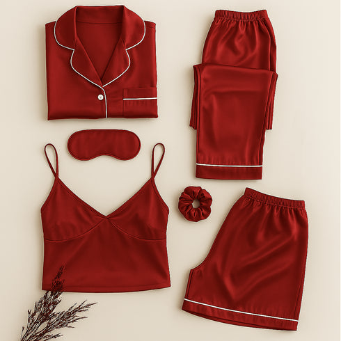 Blush Whisper – 6-Piece Luxury Silk Sleepwear Ensemble