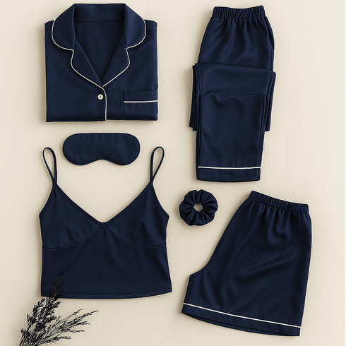Blush Whisper – 6-Piece Luxury Silk Sleepwear Ensemble