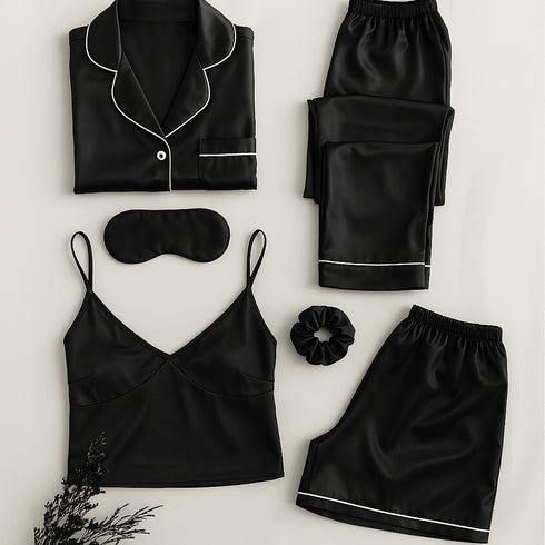 Blush Whisper – 6-Piece Luxury Silk Sleepwear Ensemble