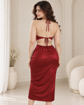 Silk Halter Cut-Out Bodycon Midi Dress with Side Slit